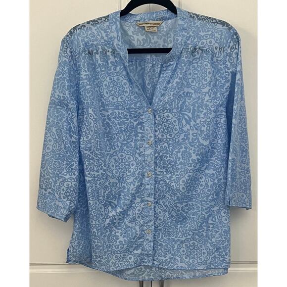 Exofficio Women's Light Blue Patterned Semi-Sheer Button Front Top Size XL - Picture 1 of 9